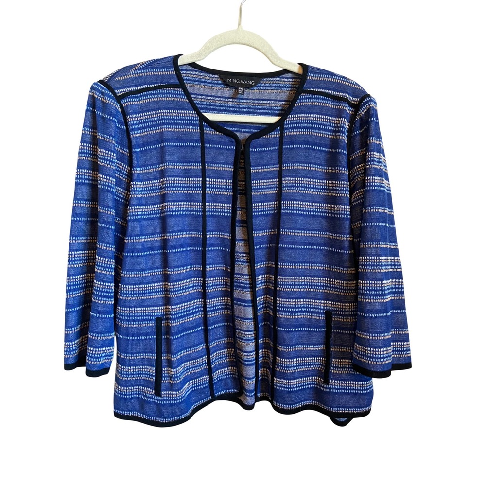 Ming Wang Blue Stripe Knit Open Front Cardigan Jacket PXL 3/4 Sleeve
